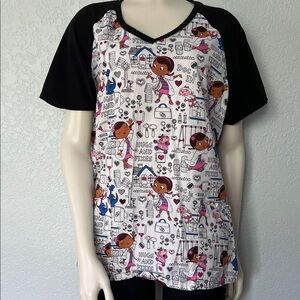 Disney Scrub Top Pediatric Nurse Cartoon Doctor Print Deep Pockets Size Large